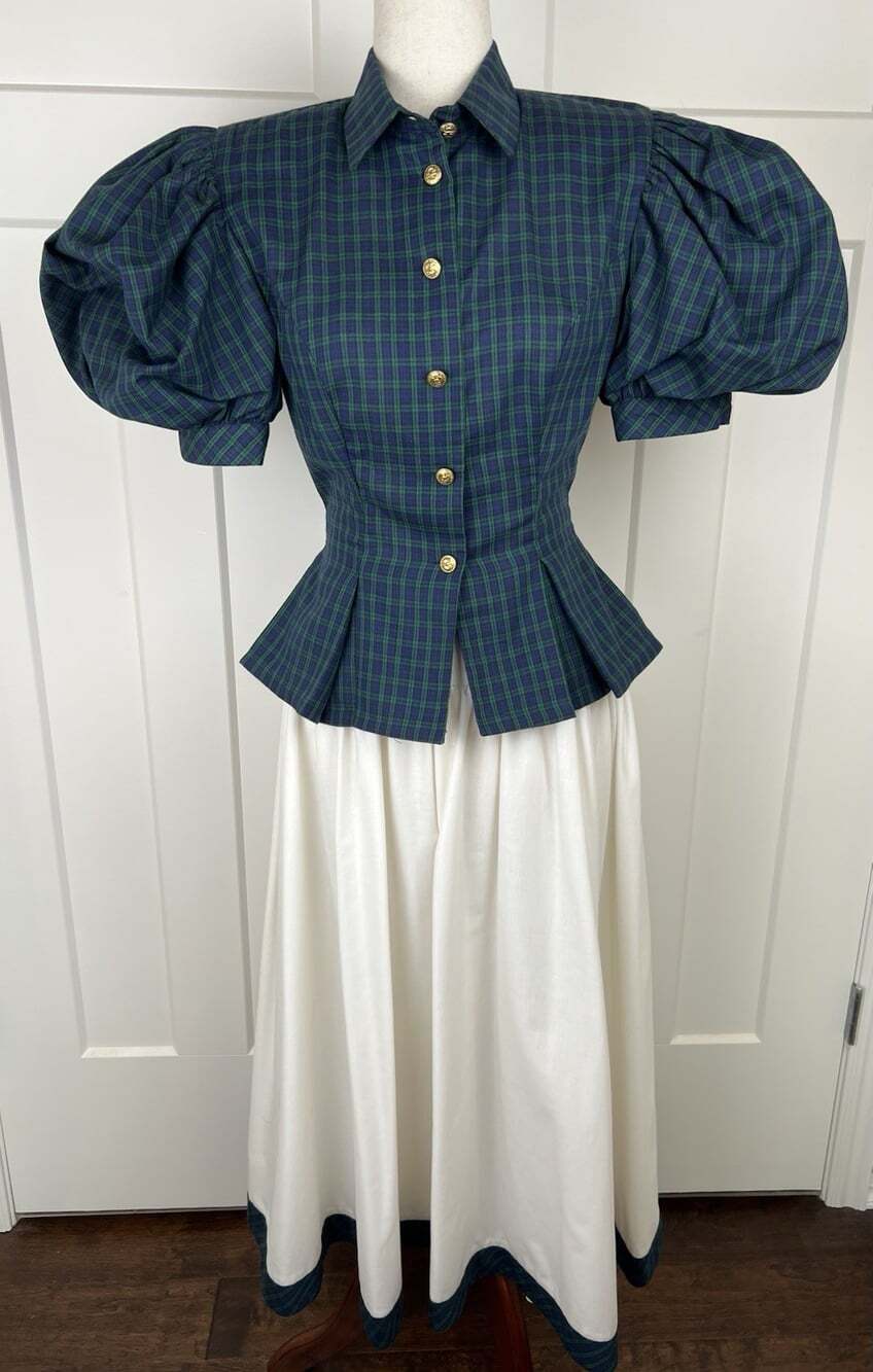Vintage 80s Leslie Lucks Tartan Plaid Puff Sleeve Peplum Blouse Skirt Set XS